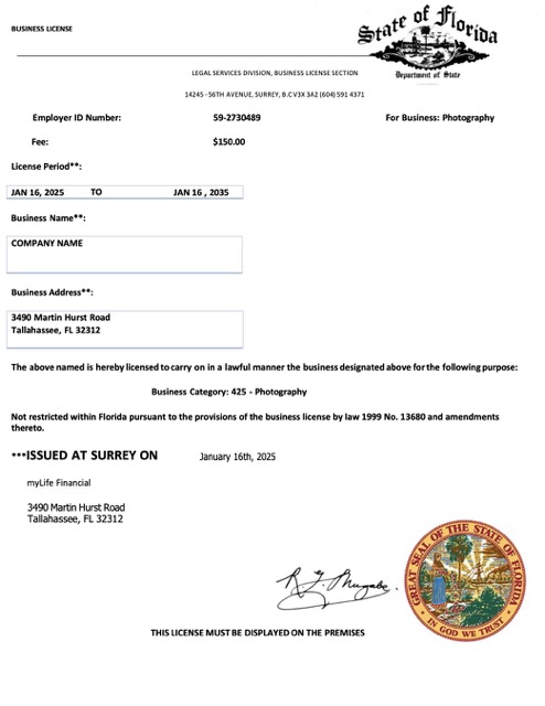 USA Florida business license Word and PDF template